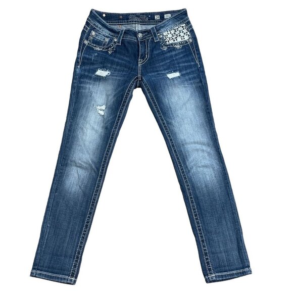 MISS ME JEANS SZ 28 JP8328CK CONTRAST STITCH EMBELLISHED EMBROIDERED LOGO SKINNY - Picture 1 of 15